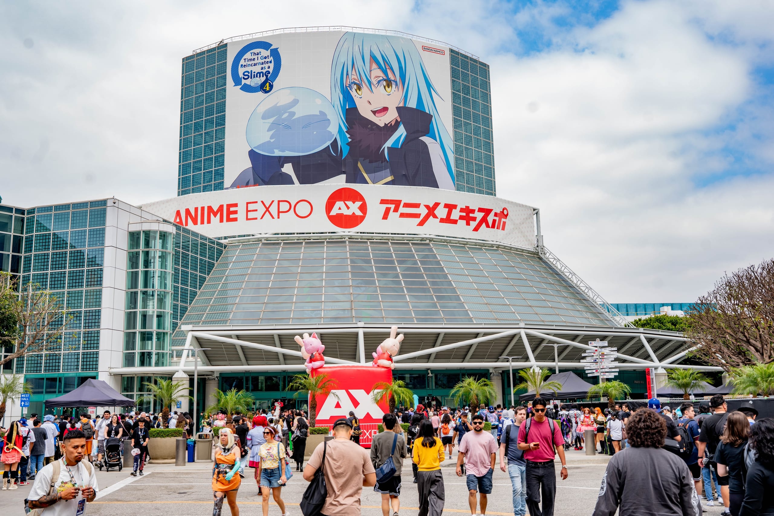 The Los Angeles Convention Center wrapped in Anime Expo 2026 banners with crowds arriving out front