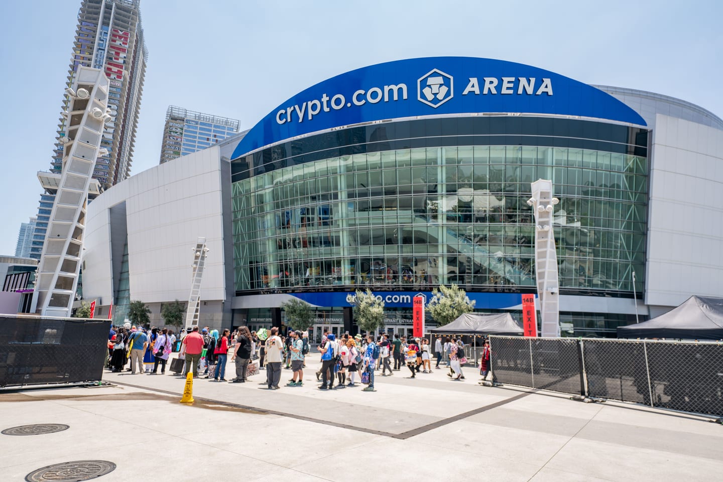The exterior of Crypto.com Arena beside the Los Angeles Convention Center during Anime Expo 2026