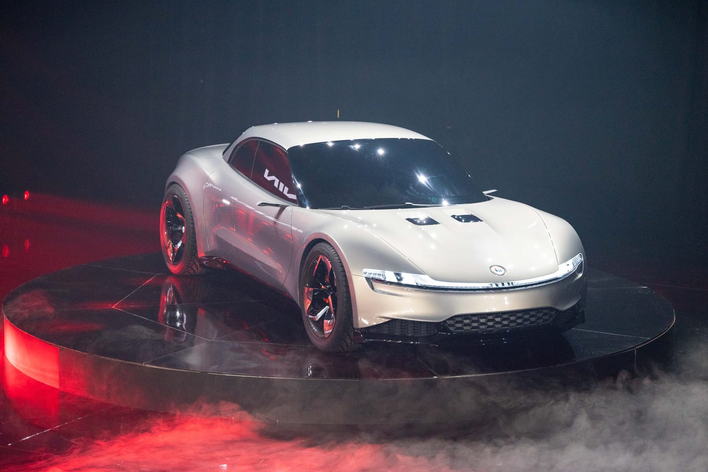 The Fisker Ronin on the stage turntable in low smoke