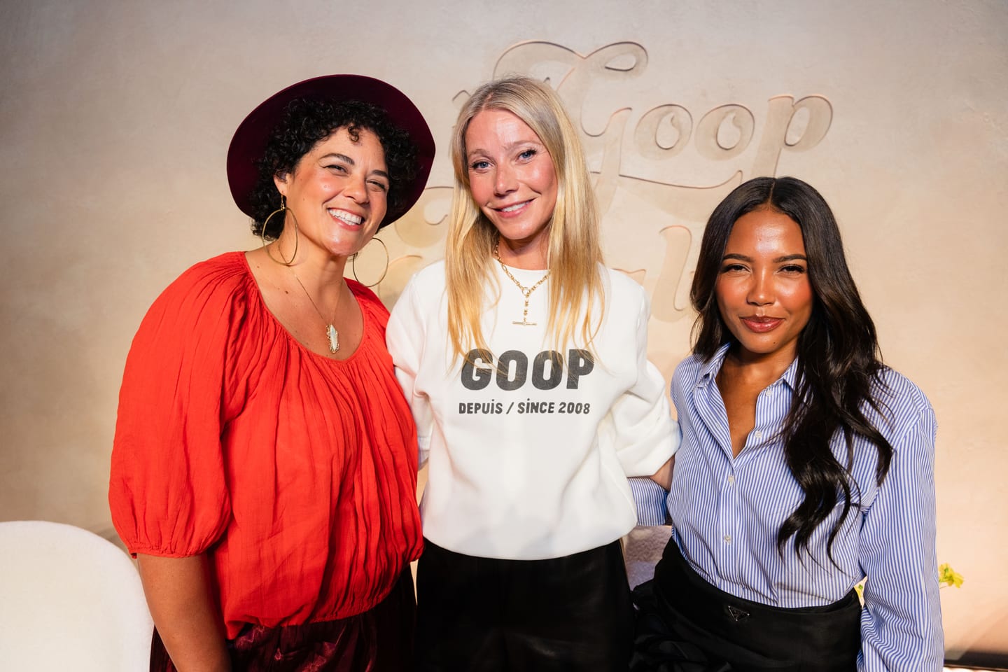Justina Blakeney, Gwyneth Paltrow and Emma Grede posing together at the In goop Health Summit in Carlsbad, California