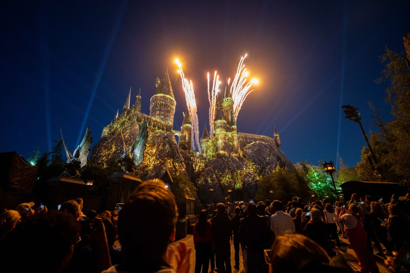 Fireworks bursting over the crowd at the IPW closing party at Universal Studios Hollywood at night