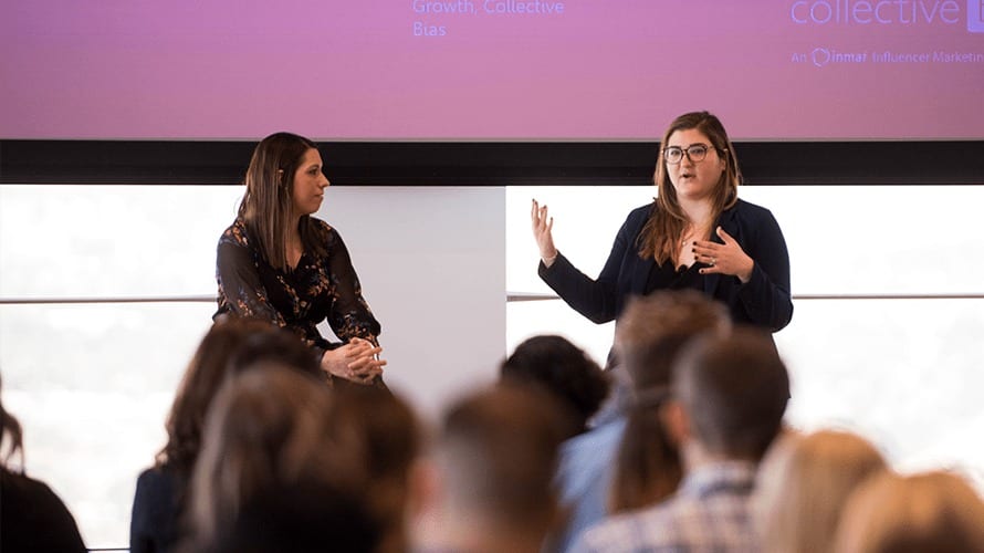 Speakers on an influencer-marketing panel before an audience, photographed for Adweek