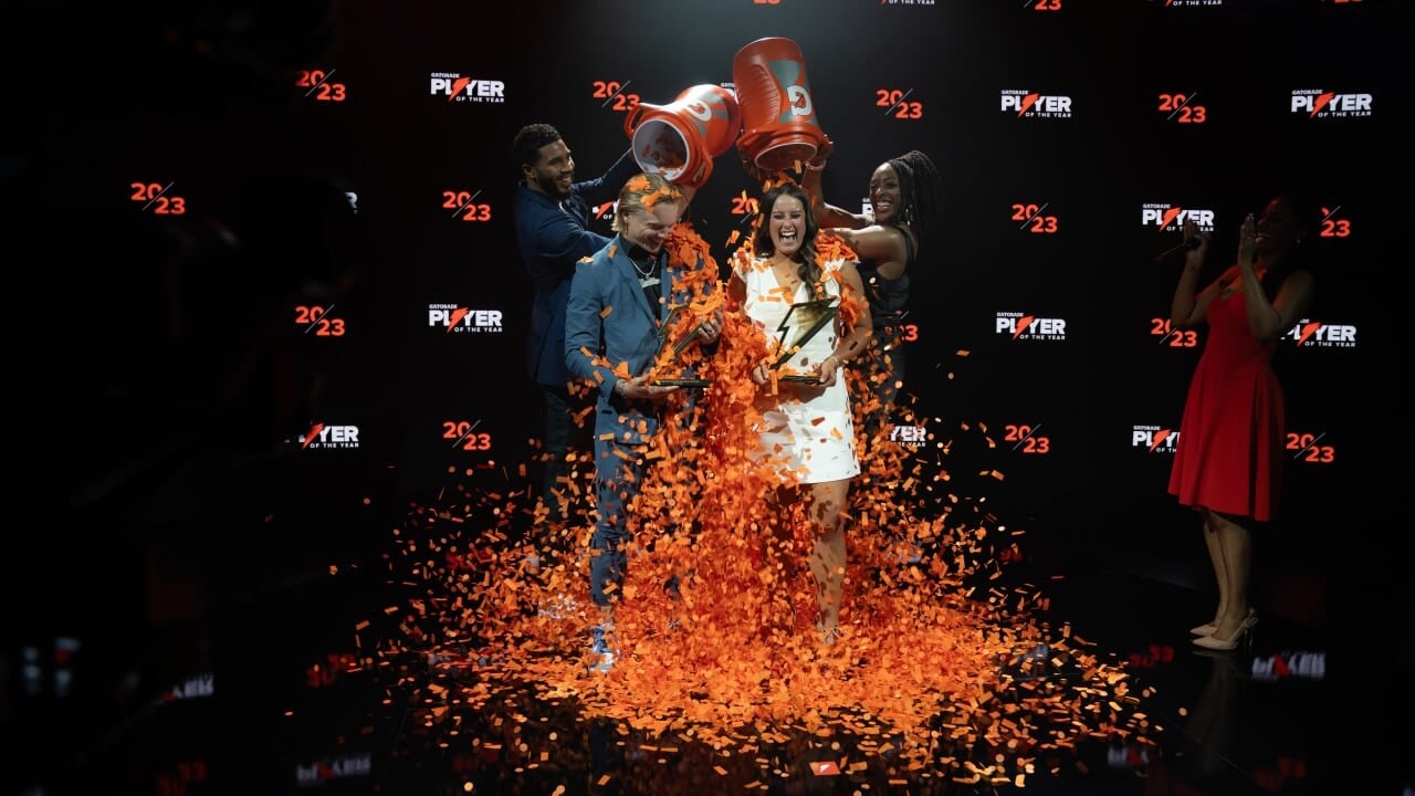 Max Clark doused in orange confetti at the Gatorade Player of the Year award celebration, photographed for WRTV