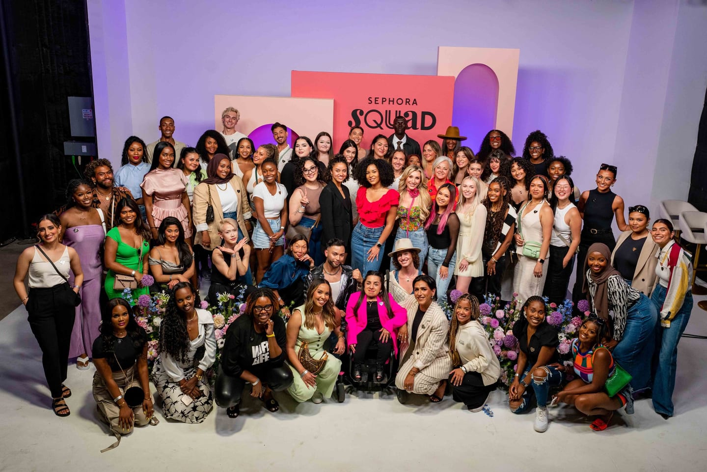 Group photo of the Sephora Squad creator community at a Sephora brand event in Los Angeles