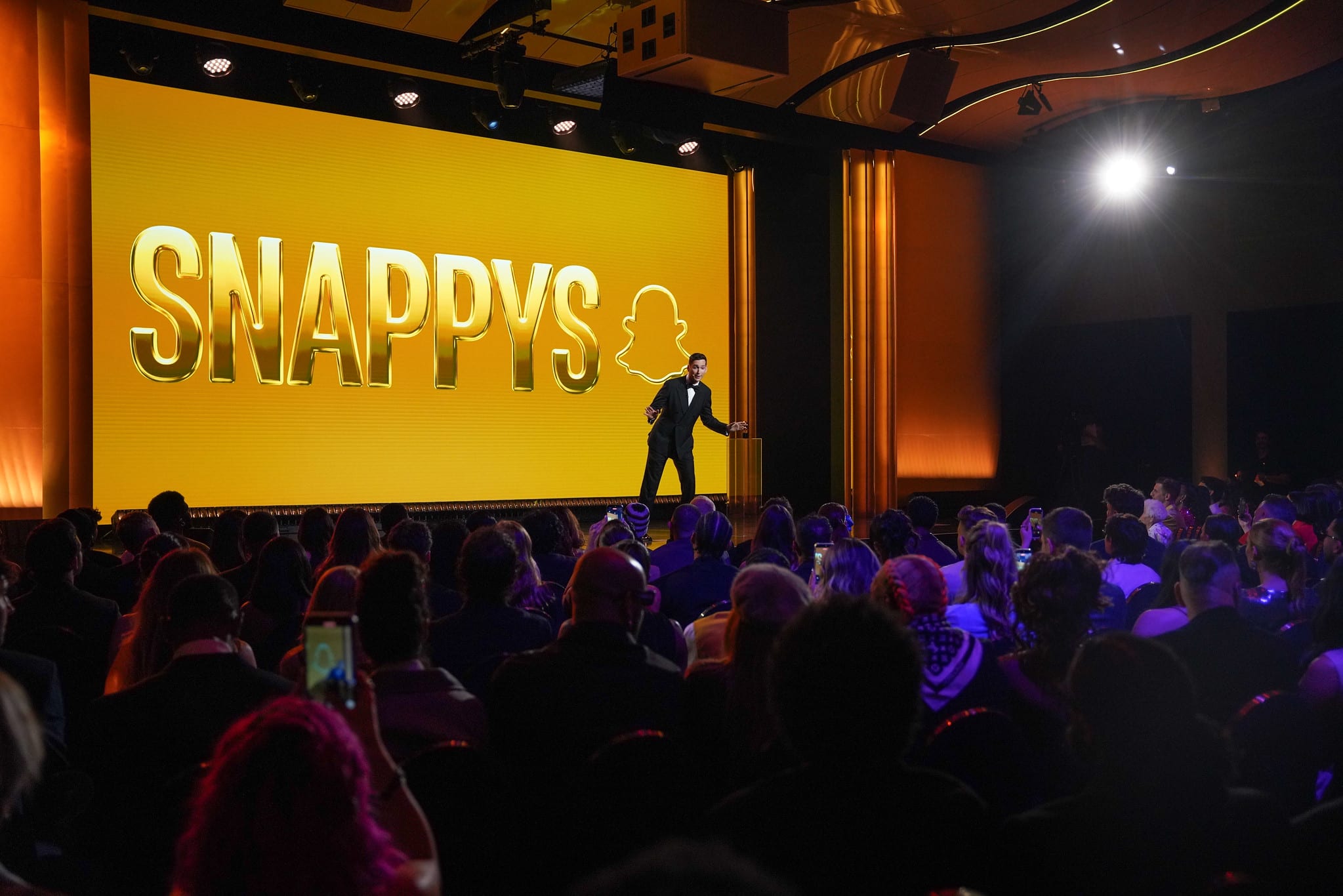 Host Matt Friend on stage at the SNAPPYS awards show at Snapchat HQ in Santa Monica